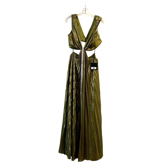 Mac Duggal Pleated Metallic Cutout Gown Maxi Dress Chartreuse Green Size M UB - Picture 3 of 10